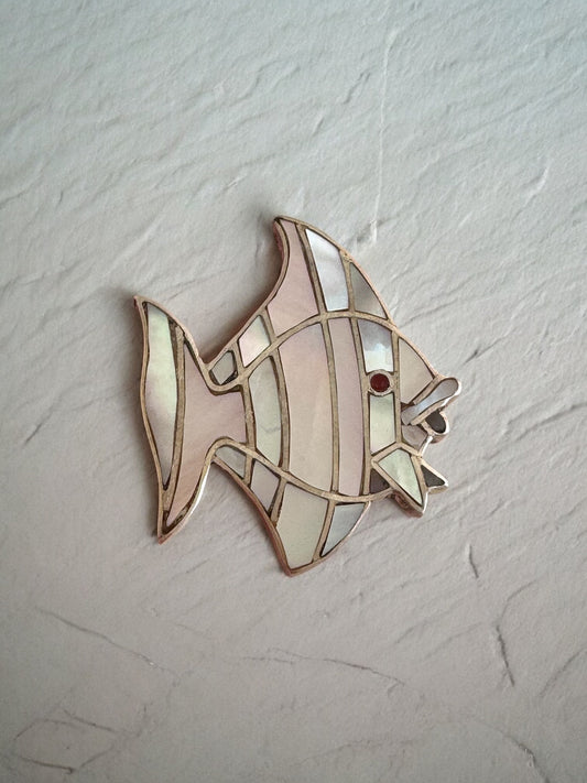 Vintage Sterling Silver Mother of Pearl Fish Mosaic Inlay Earrings