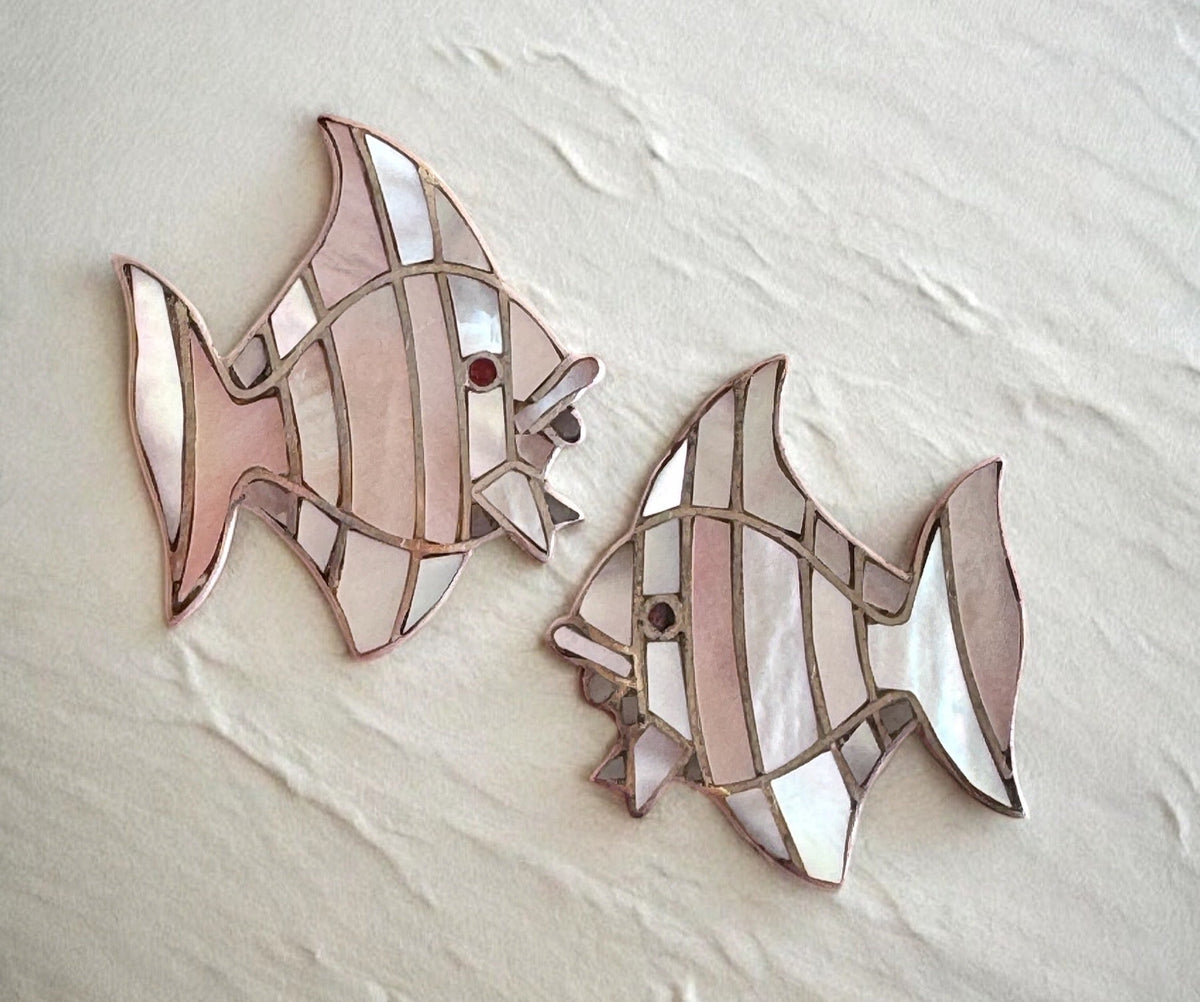 Vintage sterling silver angelfish brooches with mother of pearl mosaic inlay and red accent eyes