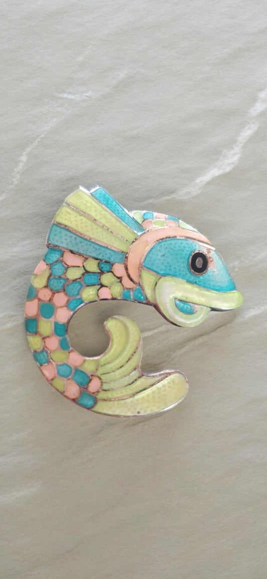Vintage Margot de Taxco signed sterling silver fish brooch with multicolored champlevé enamel work and Eagle 16 marks