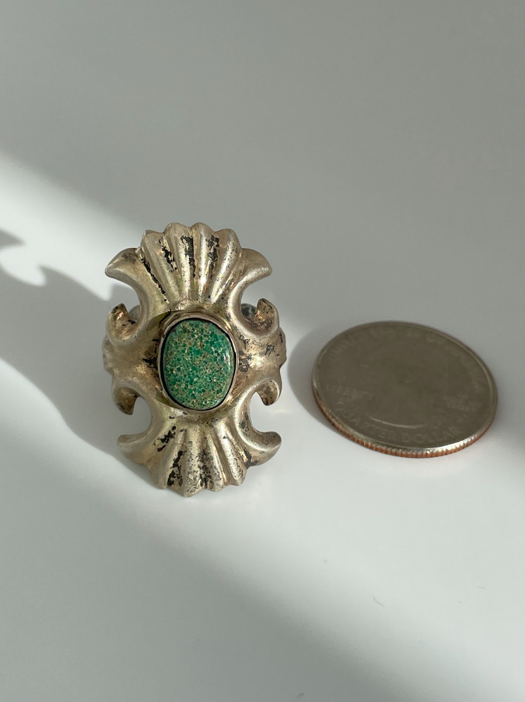 Vintage Sandcast Sterling Silver and Turquoise Southwestern Style Ring