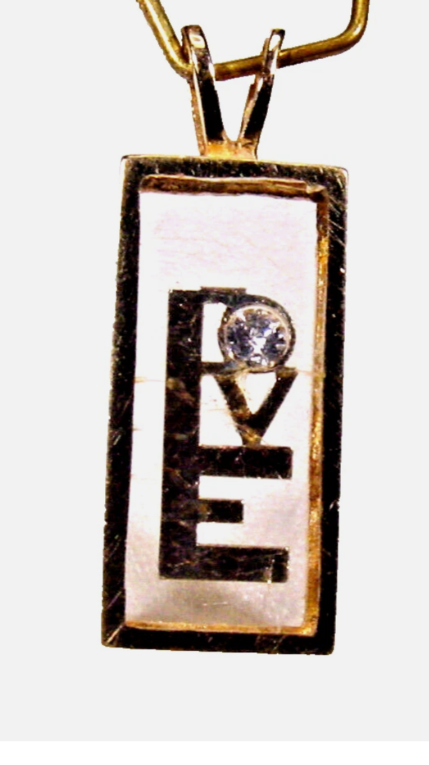 14K Yellow Gold Floating Diamond LOVE Pendant Shadow Box Lucite 1970s Incogem Style