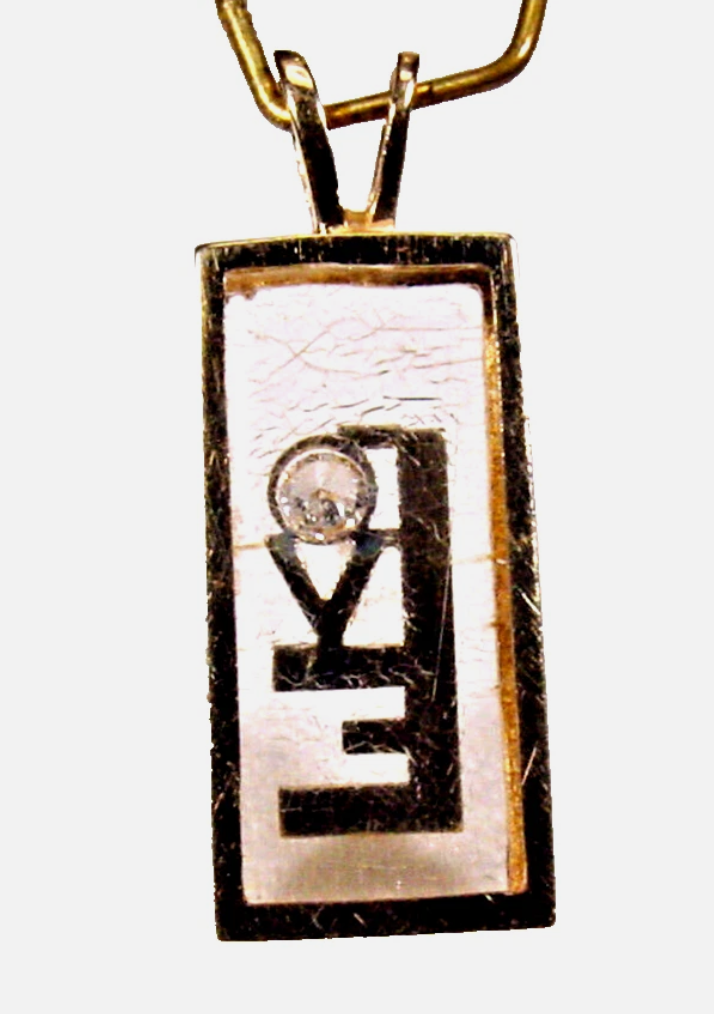 14K Yellow Gold Floating Diamond LOVE Pendant Shadow Box Lucite 1970s Incogem Style