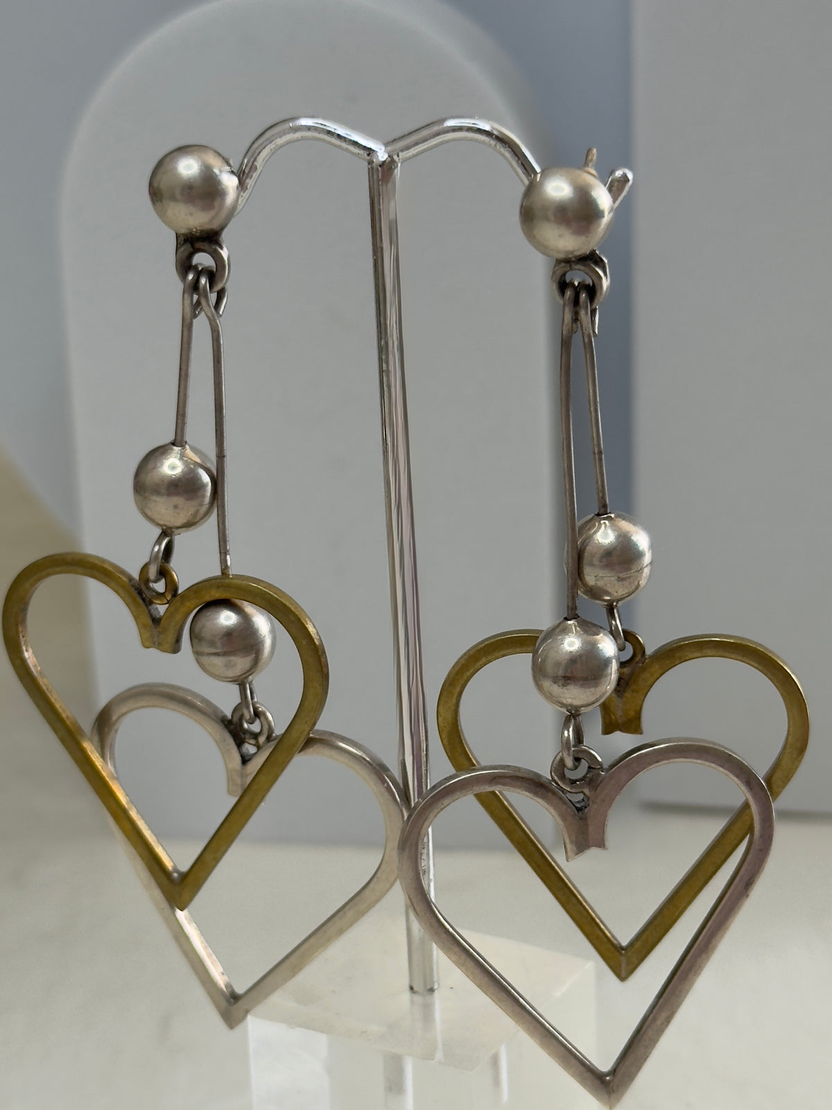 Vintage Sterling Silver Taxco Mexico Heart Dangle Earrings Y2K Modernist Statement