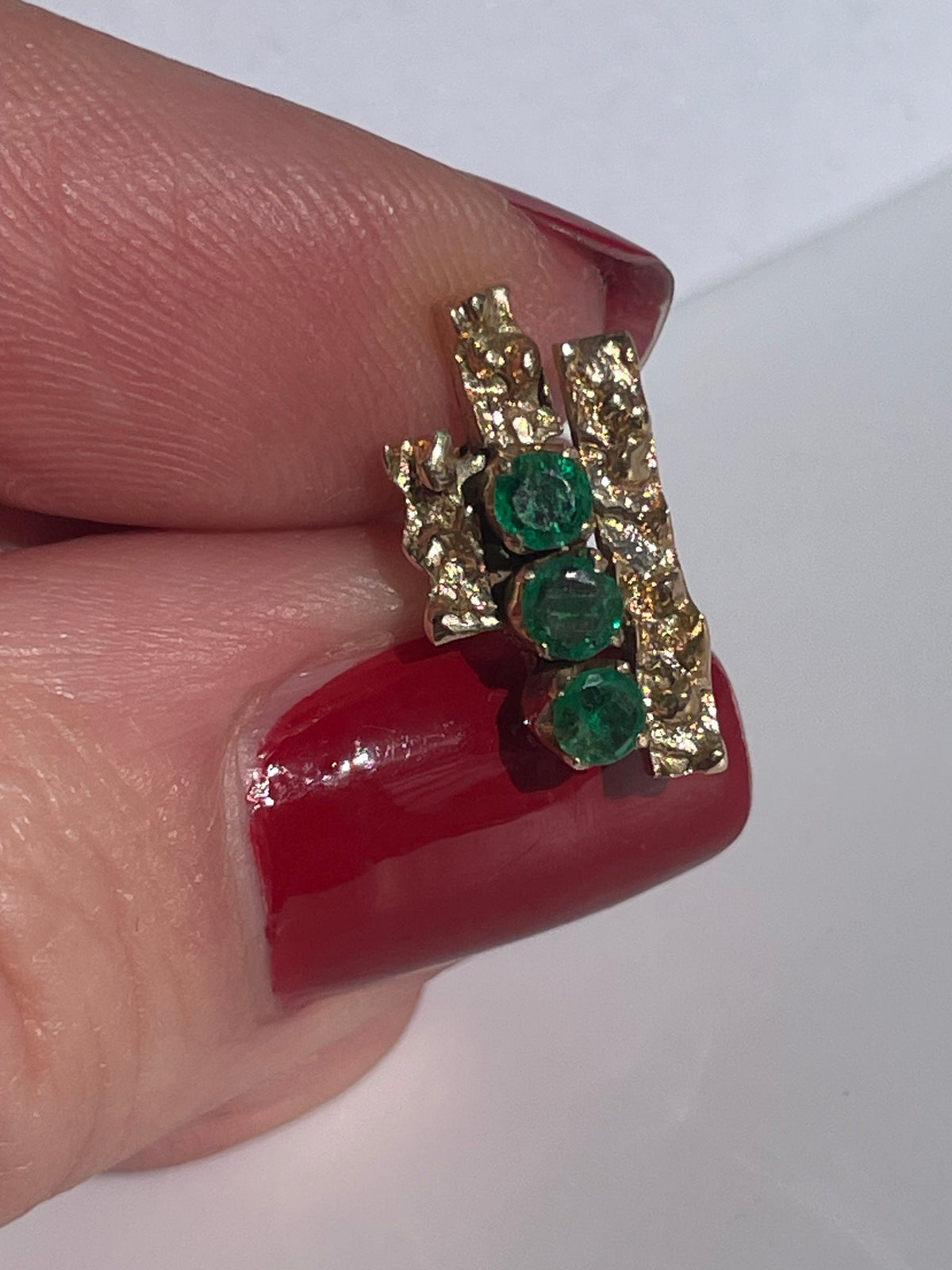 Vintage 10k gold brutalist modernist earrings with emeralds and diamonds, textured sculptural design converted from screw-backs to posts
