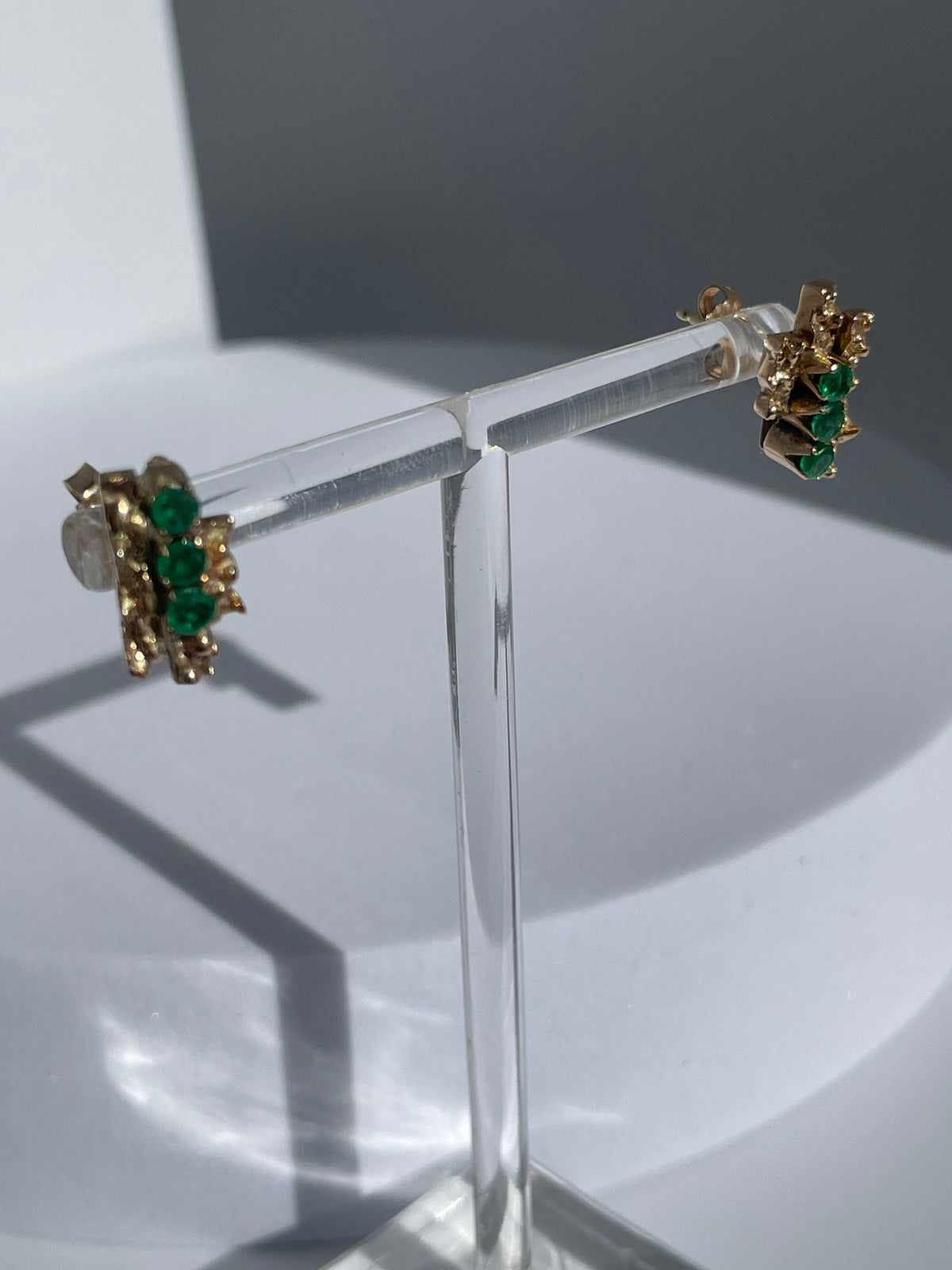 Vintage 10k gold brutalist modernist earrings with emeralds and diamonds, textured sculptural design converted from screw-backs to posts

