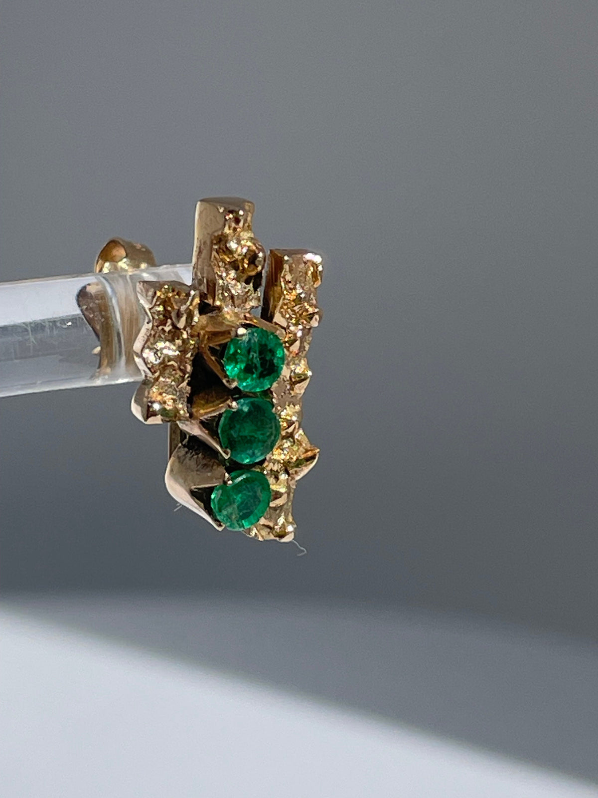Vintage 10k gold brutalist modernist earrings with emeralds and diamonds, textured sculptural design converted from screw-backs to posts
