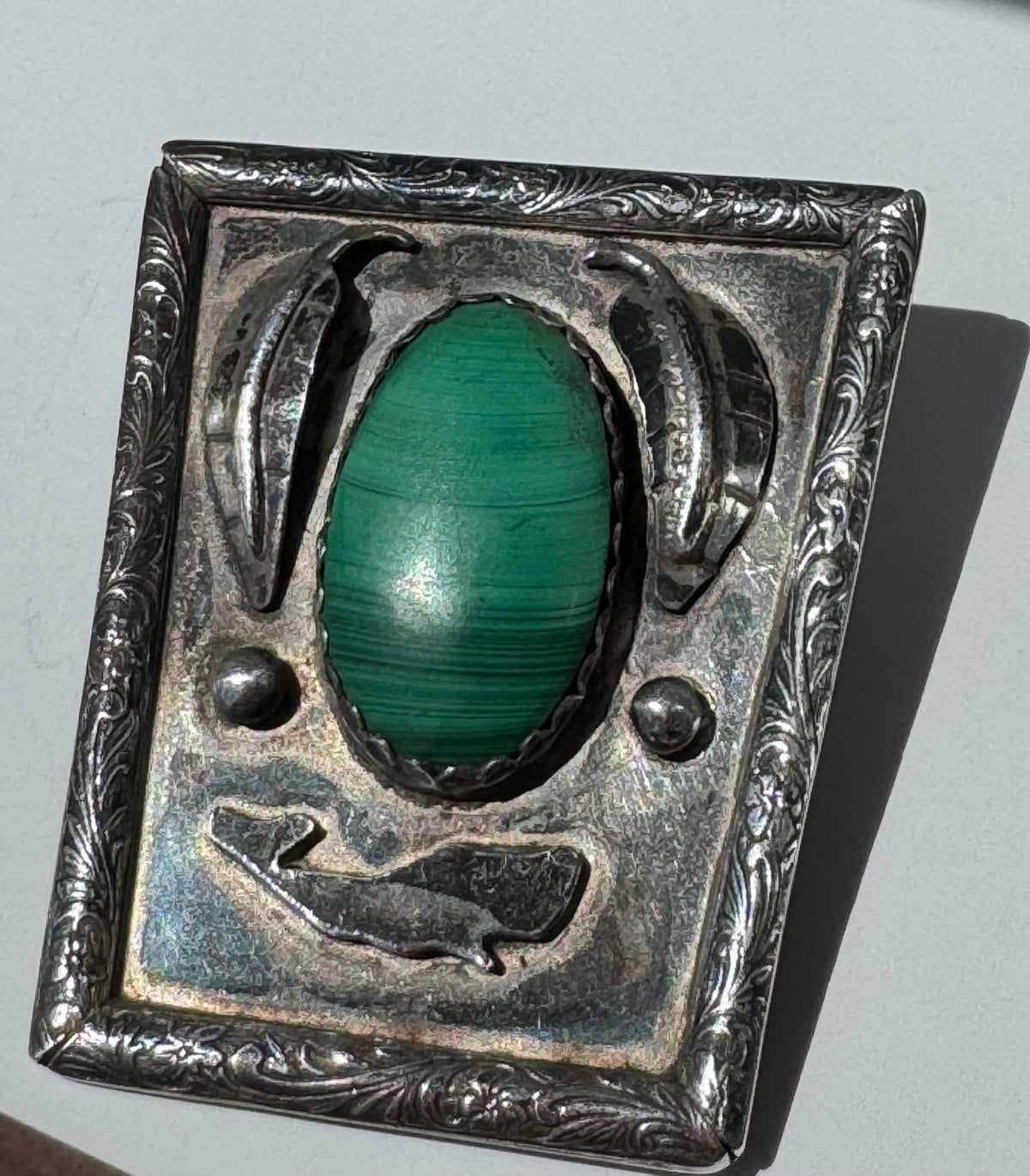 Vintage Sterling Silver Bolo Tie Malachite Sea Creature Motif