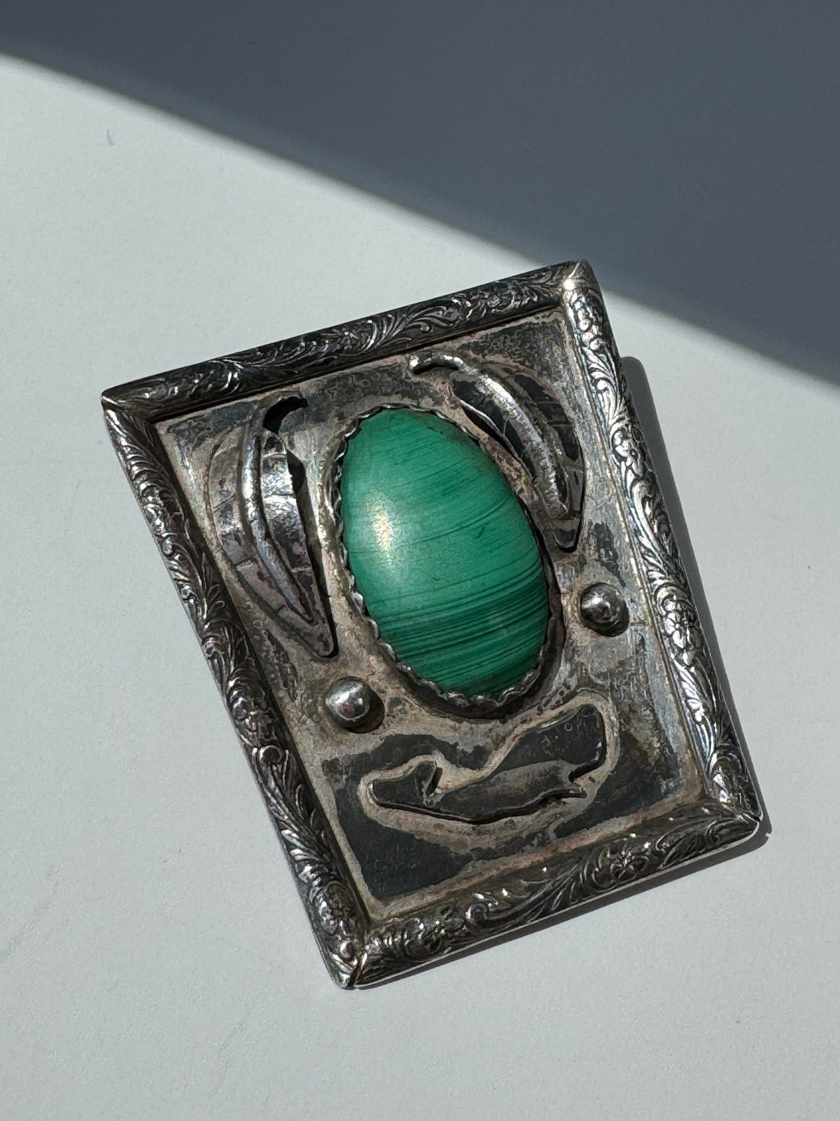 Vintage Sterling Silver Bolo Tie Malachite Sea Creature Motif