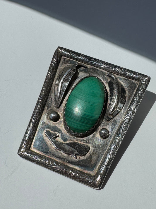 Vintage Sterling Silver Bolo Tie Malachite Sea Creature Motif