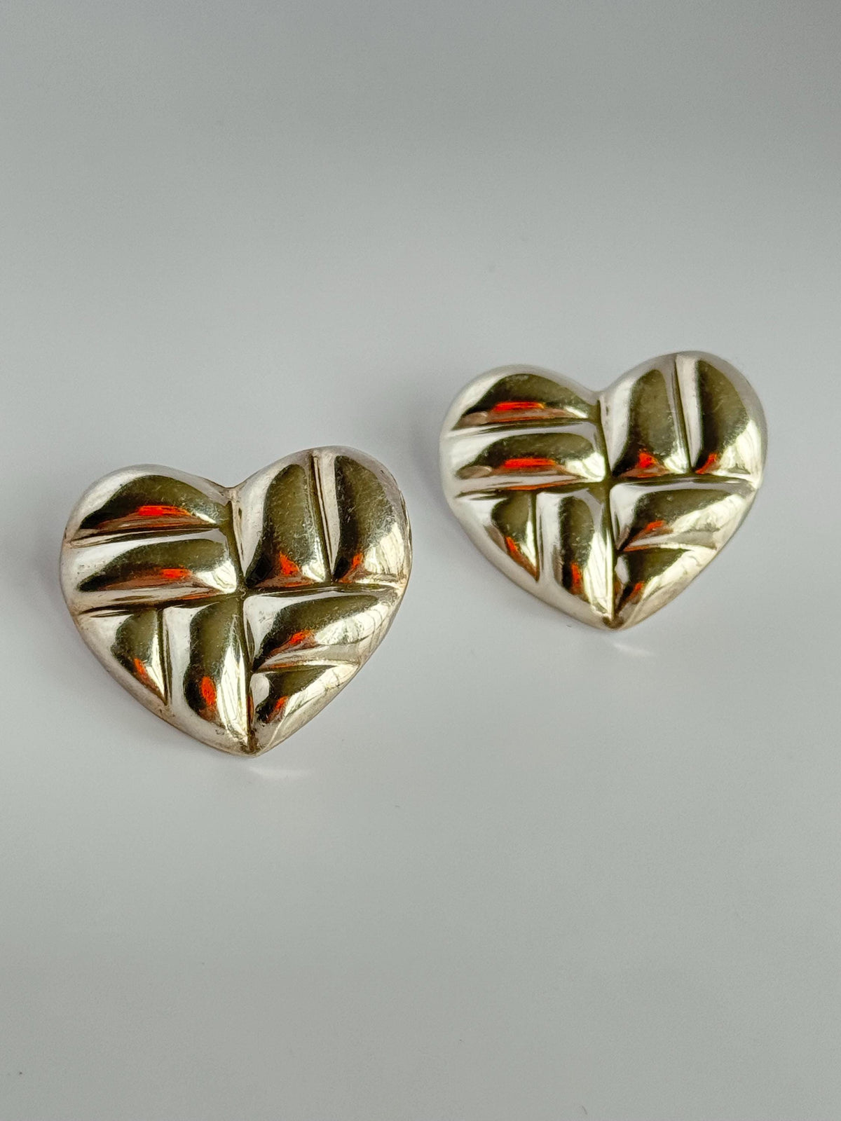 Vintage Sterling Silver Puffy Heart Stud Earrings Mexico Signed