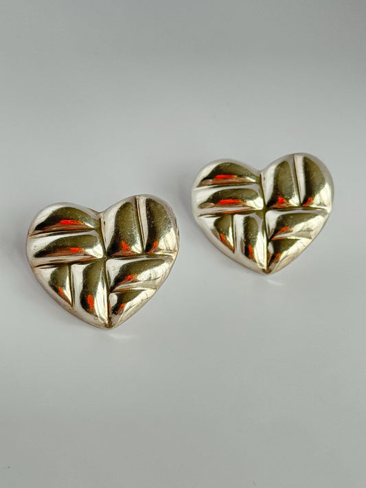 Vintage Sterling Silver Puffy Heart Stud Earrings Mexico Signed