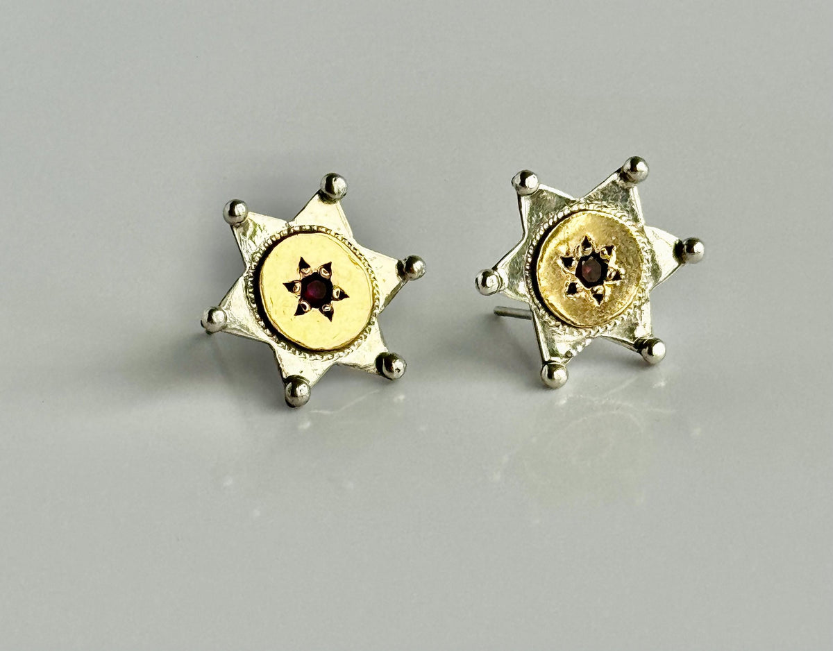Vintage Bohemian Star of David Earrings in Sterling 14K and Garnet