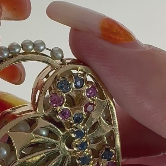 Mid century 14K gold key to my heart charm with rubies sapphires and rattling pearls inside heart lock, vintage charm bracelet piece