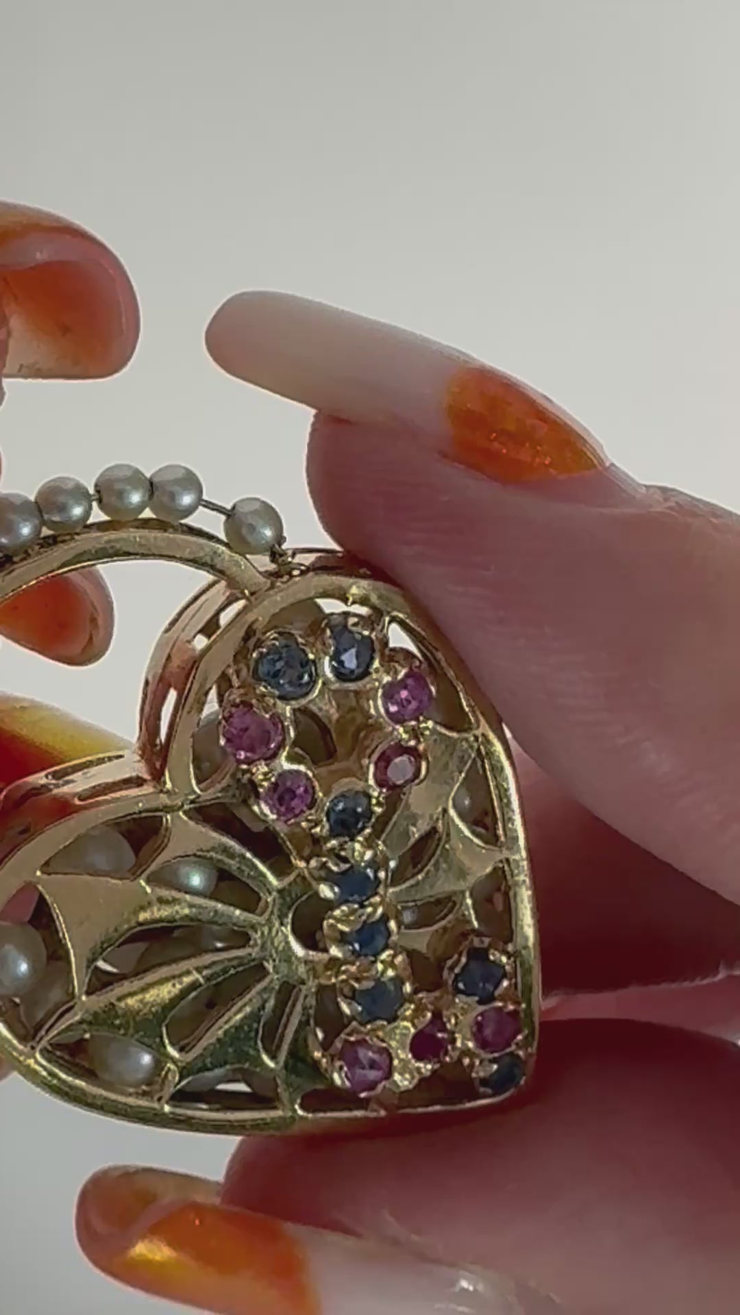Mid century 14K gold key to my heart charm with rubies sapphires and rattling pearls inside heart lock, vintage charm bracelet piece