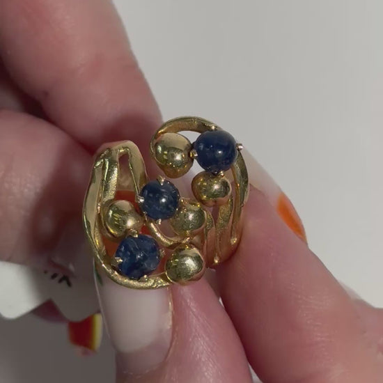 Estate 1970s organic 14K gold sapphire cabochon ring sculptural flowing design three blue stones