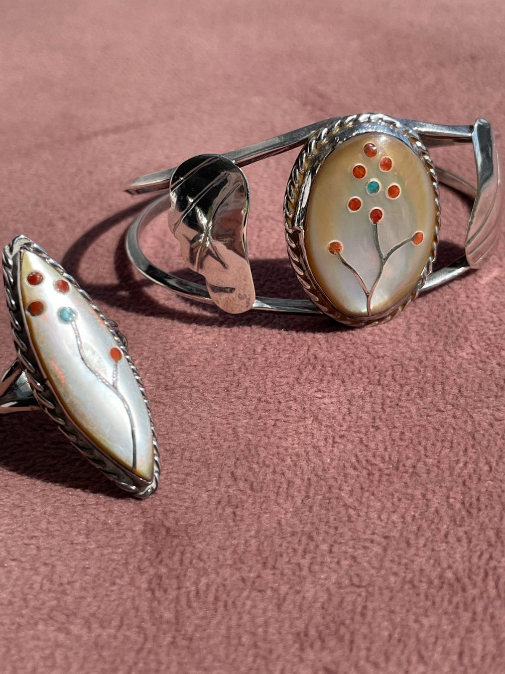 Vintage 1960s Southwestern Style Sterling Silver Inlay Cuff Bracelet and Ring Set