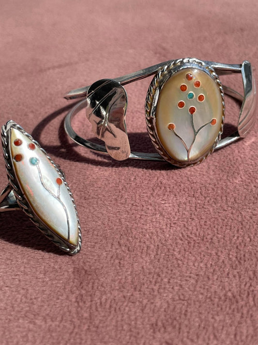 Vintage 1960s Southwestern Style Sterling Silver Inlay Cuff Bracelet and Ring Set