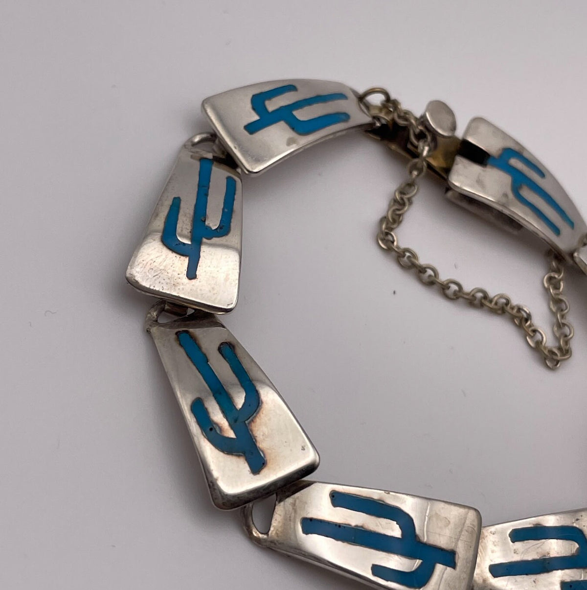 Vintage Mexican Inlaid Cactus Motif Turquoise and Sterling Silver Panel Bracelet