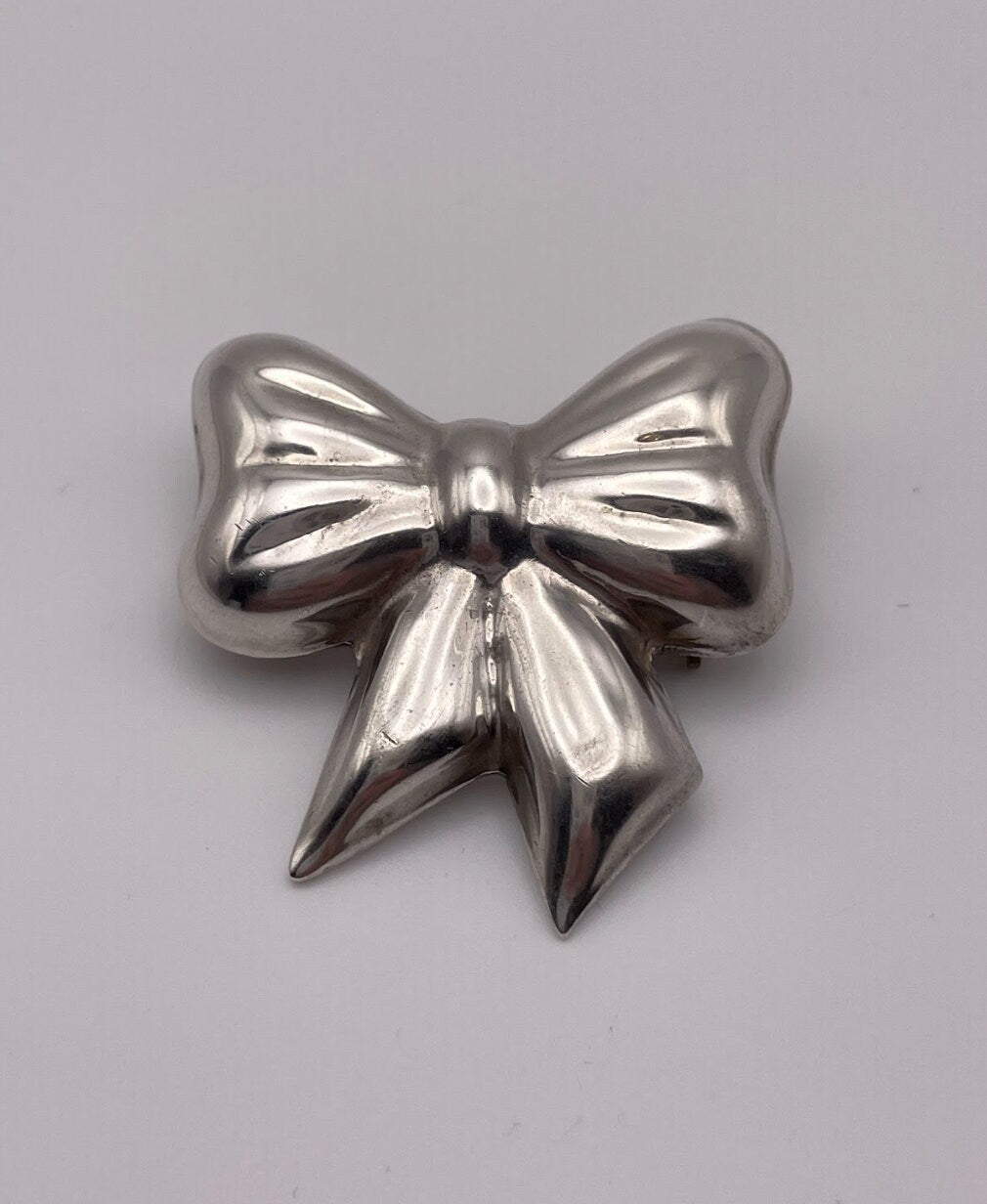 Vintage Taxco Mexico Sterling Silver Puffy Bow Pendant and Pin Combo