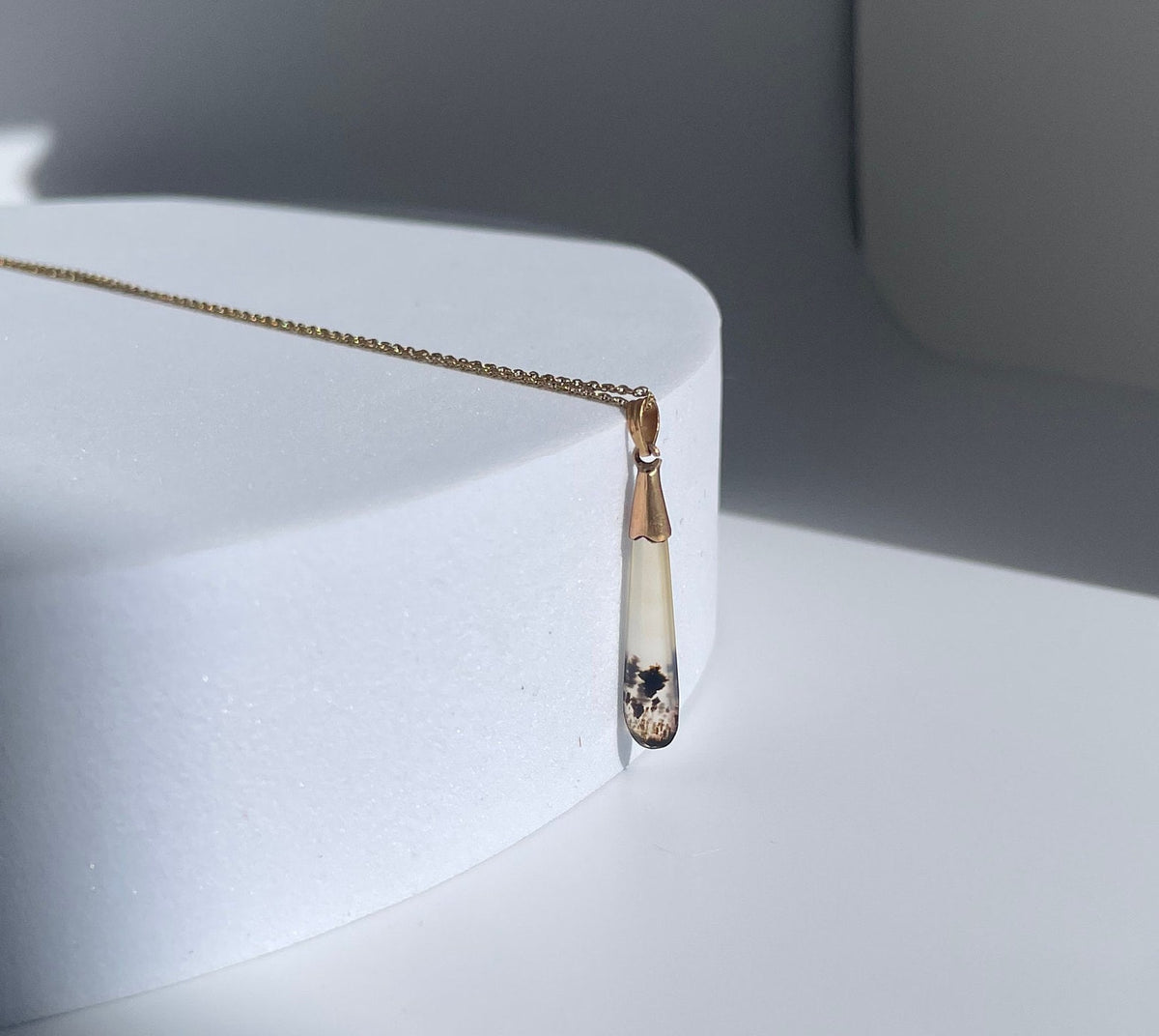 Antique Victorian Moss Agate and 14K Gold Pendant and Necklace