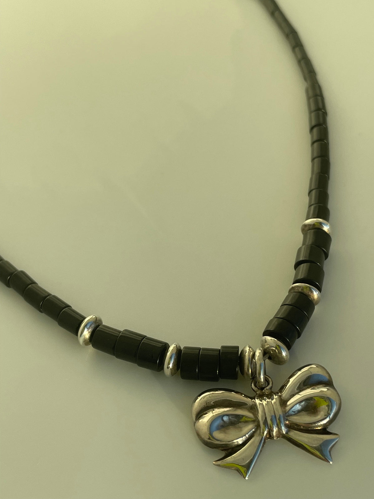 Vintage Bow and Beads Sterling Silver Necklace.