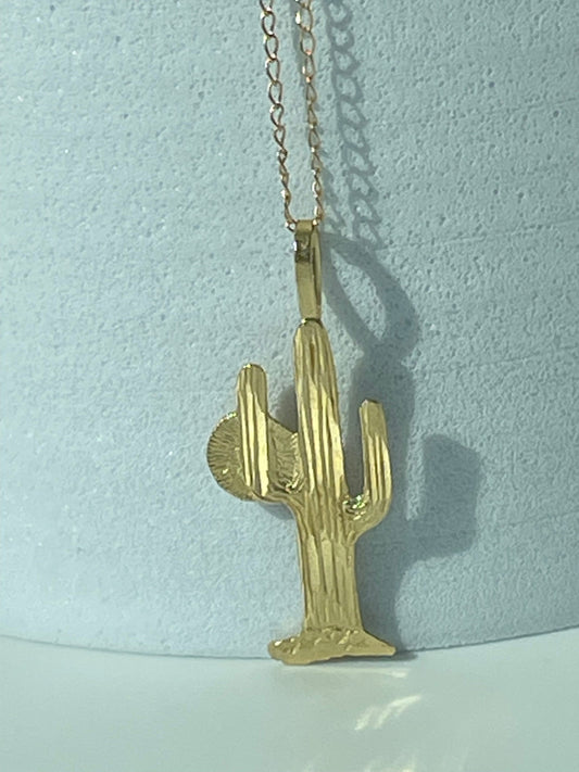 Vintage 14K Gold Saguaro Cactus Charm Necklace Southwestern