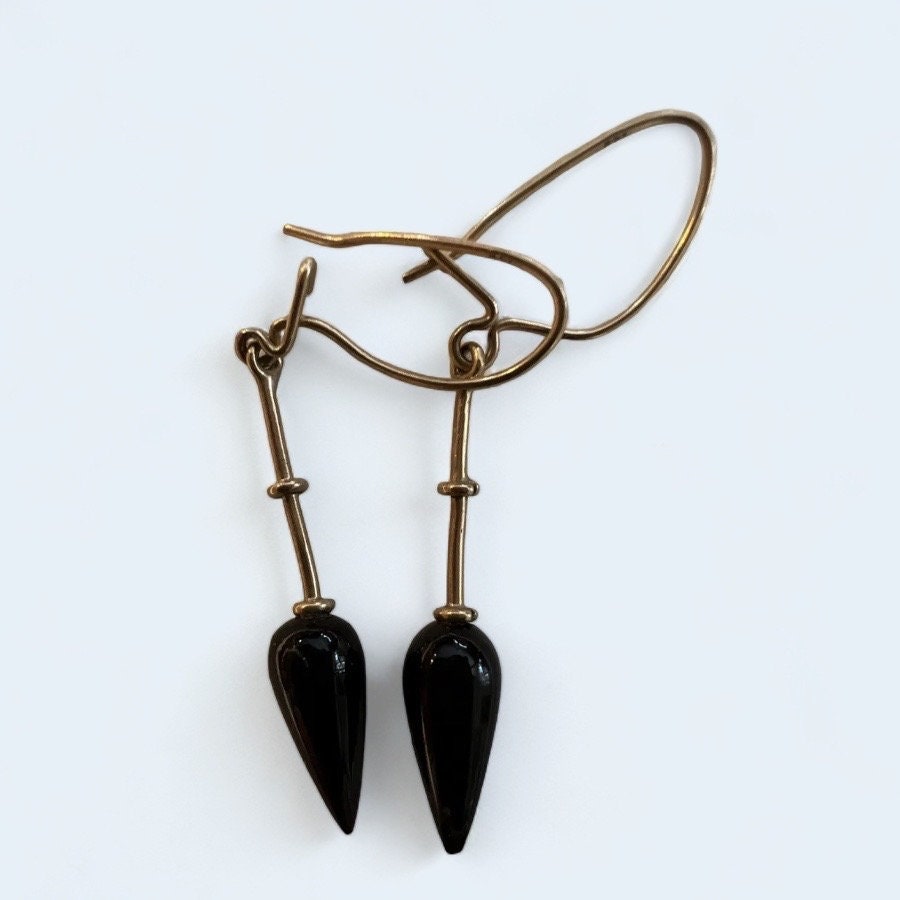 Modernist 14K Gold and Onyx Dangle Earrings Handmade