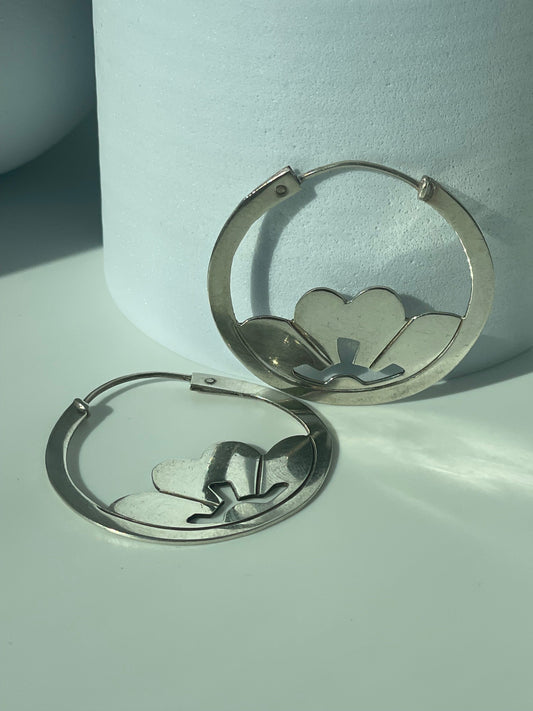 Vintage Sterling Silver Lotus Hoops Taxco Mexico